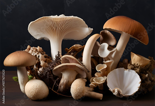 Natural Mushroom Assortment on Dark Background photo