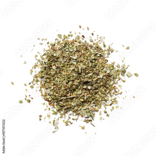 Heap of dried oregano isolated on white, top view