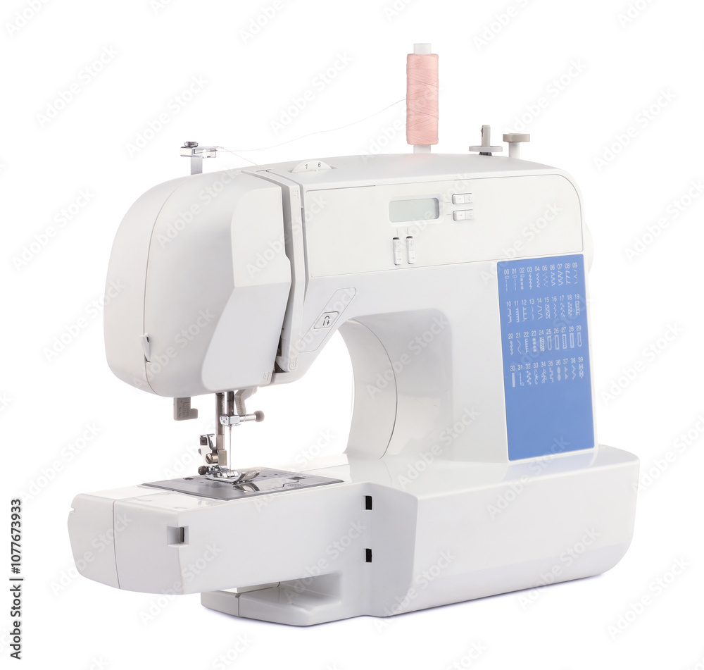 One modern sewing machine isolated on white One modern sewing machine isolated on white