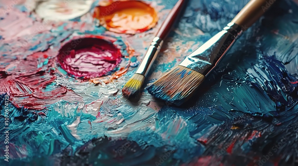 Vibrant and Colorful Artist Palette with Brushes Showcasing Rich Pigments for Creative Expression and Inspiration in Artistic Environments and Studios Vibrant and Colorful Artist Palette with Brushes Showcasing Rich Pigments for Creative Expression and Inspiration in Artistic Environments and Studios