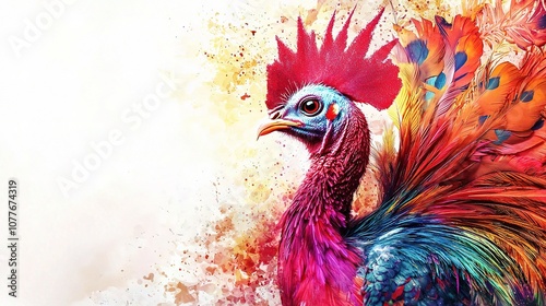 Vibrant and Colorful Turkey Isolated on White Background Showcasing Stunning Feathers and Artistic Effects for Decorative or Culinary Themes photo