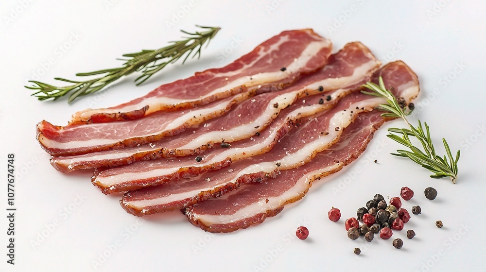 Freshly Cooked Bacon Rashers Isolated on White Background with Rosemary and Pepper for Culinary use in Recipes, Food Photography, and Gourmet Presentation Freshly Cooked Bacon Rashers Isolated on White Background with Rosemary and Pepper for Culinary use in Recipes, Food Photography, and Gourmet Presentation