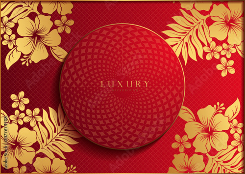 Elegant Islamic Red Gold Hibiscus Floral Circle Background, Ideal for Diwali Festival Invitations, Wallpapers, and Web Templates, Vector Illustration Not AI-Generated.