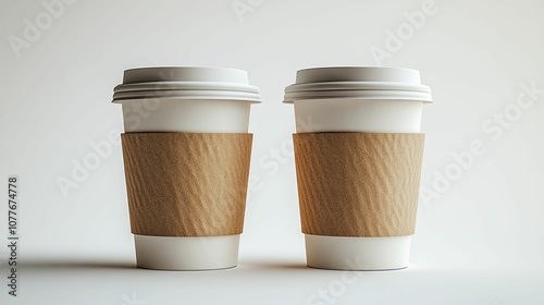 Two Blank White Coffee Cups with Brown Paper Sleeves photo