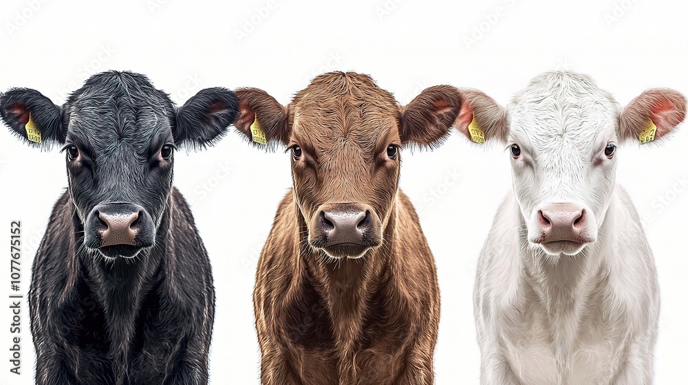 Fototapeta premium Stunning Portrait of Three Unique Cows Showcasing Diversity in Color and Character for Nature and Agricultural Photography Projects