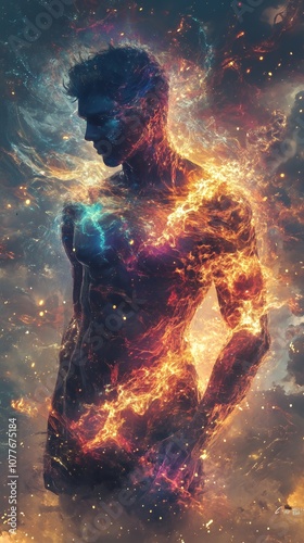 A man engulfed in flames and surrounded by a cosmic background.