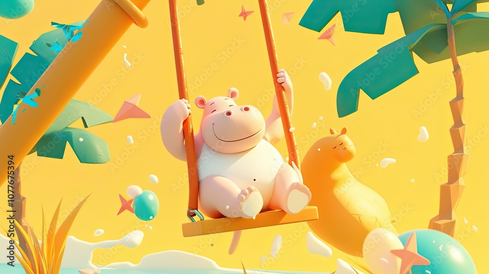 Naklejka premium A Smiling Pink Hippopotamus Swings on a Rope Swing in a 3D Rendered Tropical Paradise