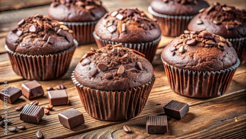 A group of freshly baked chocolate muffins, adorned with chocolate chips, rest on a rustic wooden surface, offering a tempting treat for any sweet tooth.