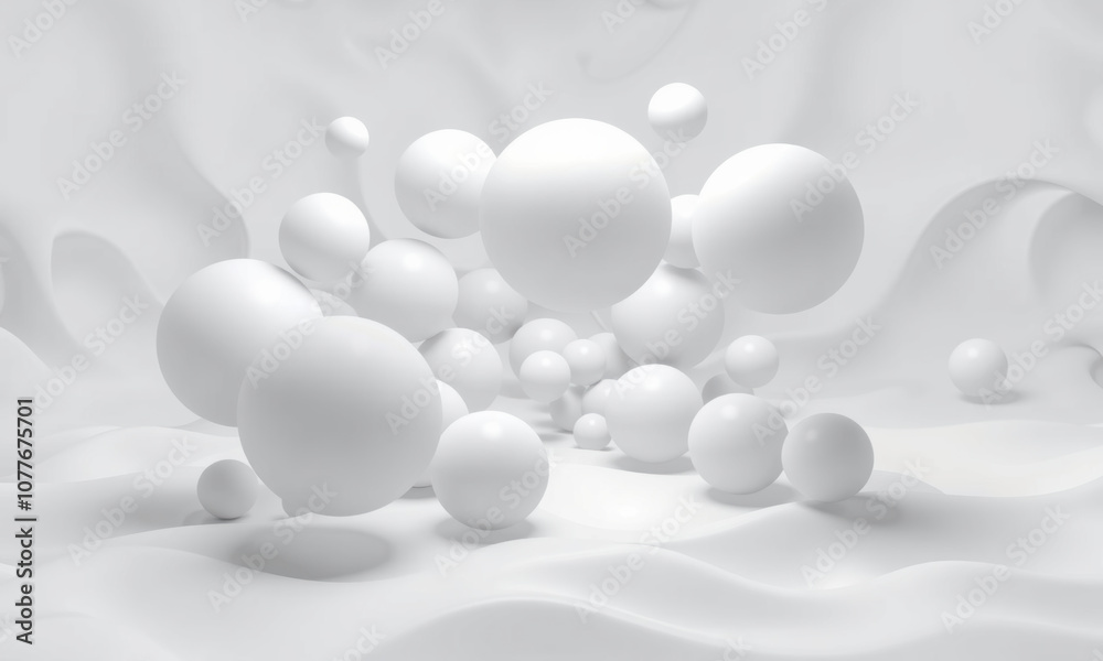 collection of white spheres floating in soft, wavy white background, creating serene and minimalist atmosphere collection of white spheres floating in soft, wavy white background, creating serene and minimalist atmosphere