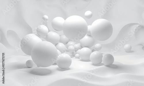 collection of white spheres floating in soft, wavy white background, creating serene and minimalist atmosphere