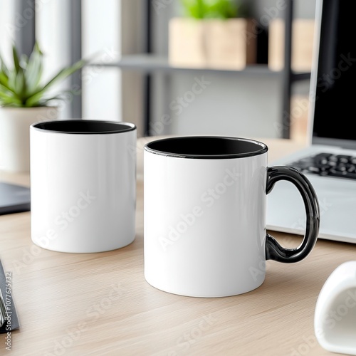 Product shot of two plain white mugs on a desk. The lining of the mug is black, the mug handle is white. The subject of the image is the mug. generative ai