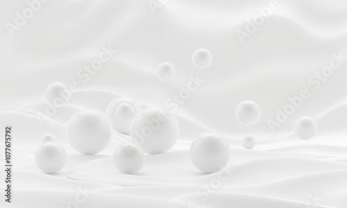 serene composition of white spheres on smooth, flowing white surface, creating calming and minimalist aesthetic. spheres vary in size, enhancing visual interest