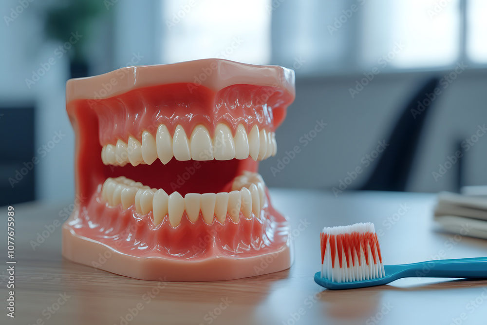 A dental model with teeth and a toothbrush, illustrating oral hygiene. A dental model with teeth and a toothbrush, illustrating oral hygiene.
