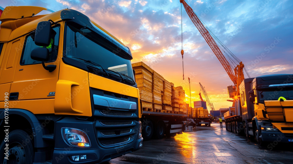 A vibrant sunset highlights large yellow industrial trucks, a crane, and stacks of materials on an active construction site, embodying progress and labor. A vibrant sunset highlights large yellow industrial trucks, a crane, and stacks of materials on an active construction site, embodying progress and labor.