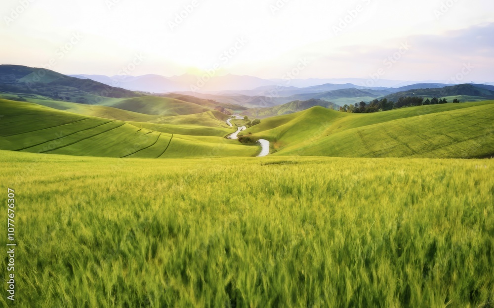 Serene Meadow Landscape: A picturesque view of rolling green hills bathed in golden sunlight, with a winding path leading through the heart of the valley. Serene Meadow Landscape: A picturesque view of rolling green hills bathed in golden sunlight, with a winding path leading through the heart of the valley.