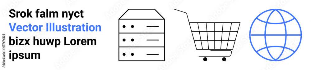 Simple black and blue vector icons of a server, shopping cart, and globe next to placeholder text in black and blue. Ideal for e-commerce, global trade, technology, internet, and online shopping Simple black and blue vector icons of a server, shopping cart, and globe next to placeholder text in black and blue. Ideal for e-commerce, global trade, technology, internet, and online shopping