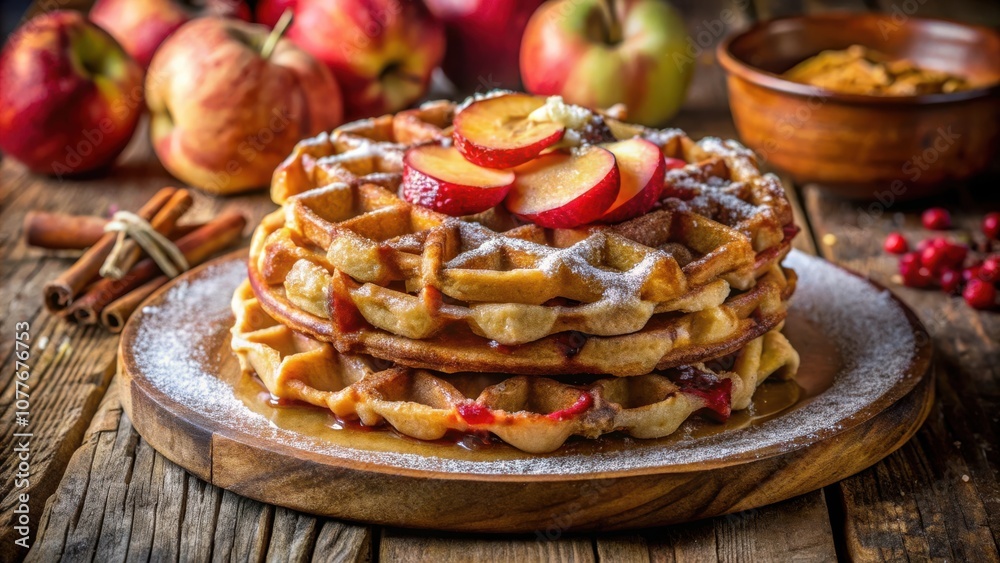A stack of waffles, topped with fruit, dusted with powdered sugar, and served on a wooden plate with cinnamon sticks. A stack of waffles, topped with fruit, dusted with powdered sugar, and served on a wooden plate with cinnamon sticks.