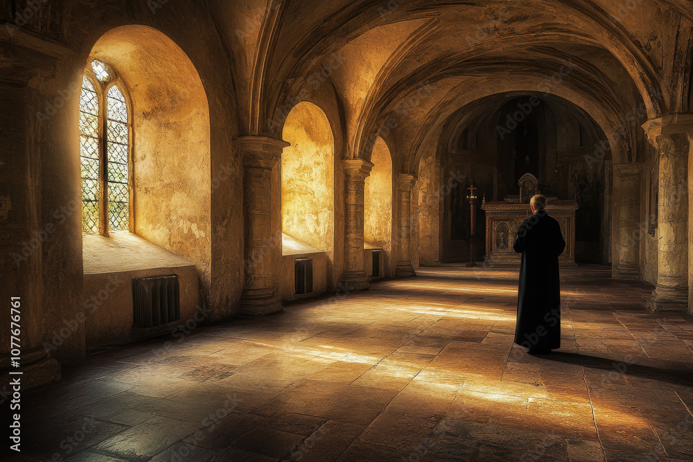 A solitary figure in a long robe stands in an ancient, dimly lit chapel with arched ceilings, bathed in soft, golden sunlight streaming through stained glass windows. A solitary figure in a long robe stands in an ancient, dimly lit chapel with arched ceilings, bathed in soft, golden sunlight streaming through stained glass windows.