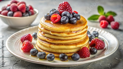 A stack of golden pancakes topped with fresh raspberries and blueberries, drizzled with honey, served on a white plate with additional berries scattered around