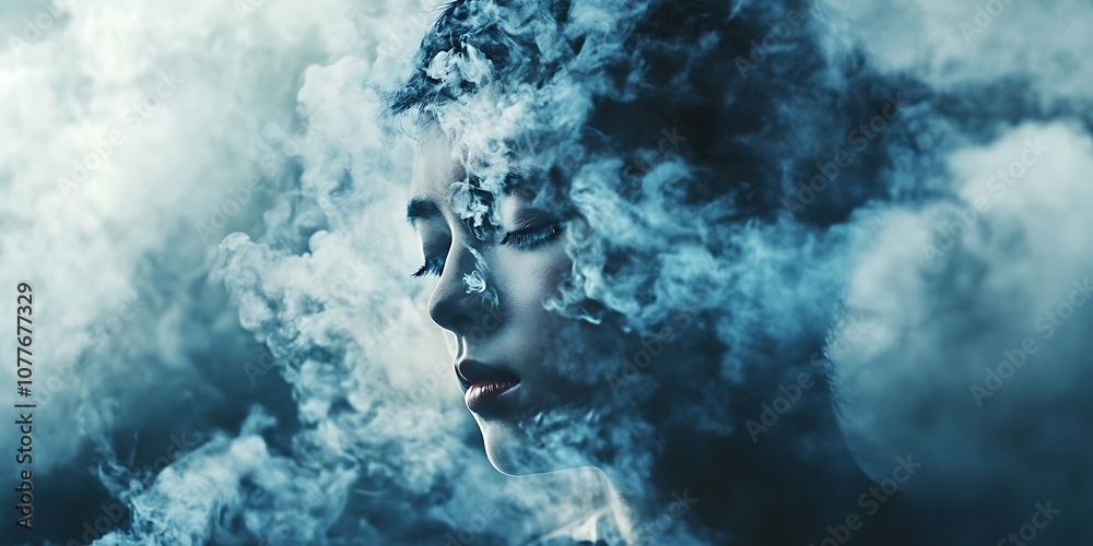 Abstract Portrait of a Woman with Smoke and Clouds, Dreamy and Ethereal Concept Abstract Portrait of a Woman with Smoke and Clouds, Dreamy and Ethereal Concept