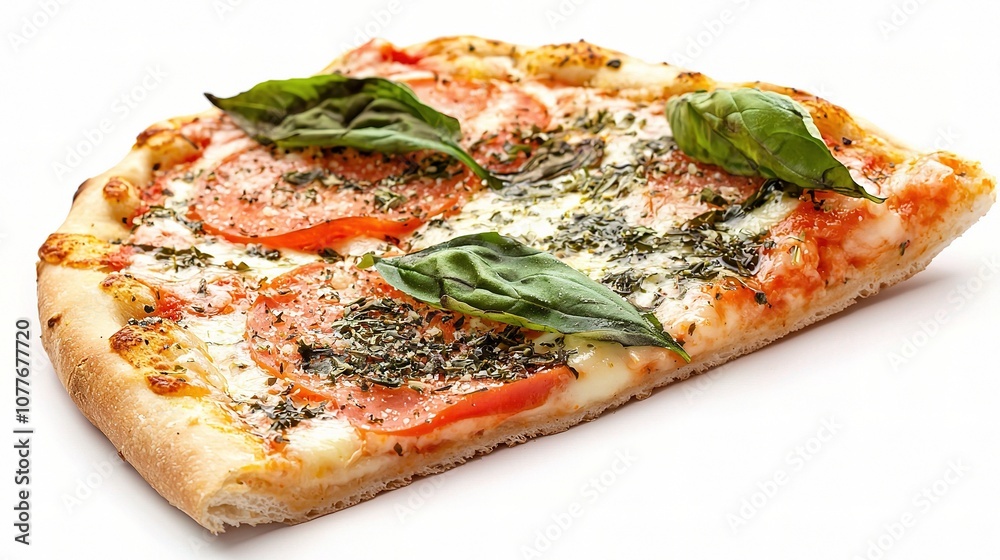 Delicious Slice of Fresh Pizza Isolated on White Background with Toppings Including Tomatoes and Basil, Perfect for Food Photography and Culinary Promotion Delicious Slice of Fresh Pizza Isolated on White Background with Toppings Including Tomatoes and Basil, Perfect for Food Photography and Culinary Promotion
