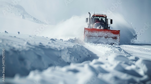 A red snow plow truck clears a snowy mountain road.