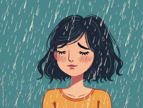 Vector illustration of a sad girl looking at the rain with her hands on her face. mental health