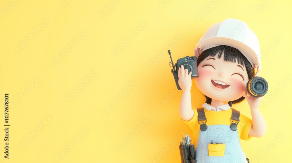 A cheerful cartoon character in a hard hat holds a camera, symbolizing creativity and exploration. A cheerful cartoon character in a hard hat holds a camera, symbolizing creativity and exploration.