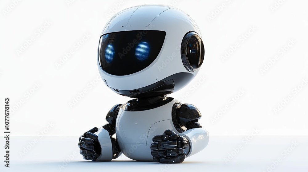 White and Black Robot with Blue Eyes Sitting on a White Surface