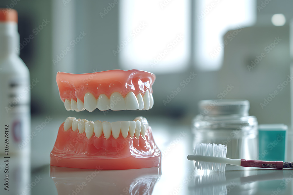 A dental model with a toothbrush and dental care products on a surface.