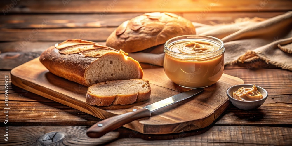 A Rustic Table Setting with Freshly Baked Bread, a Jar of Nut Butter, and a Knife on a Wooden Cutting Board