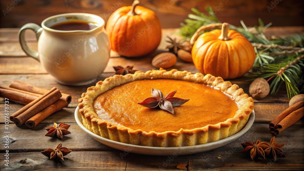 Fototapeta premium A Golden Brown Pumpkin Pie with a Star Anise Garnish, Sitting on a Wooden Table Alongside Cinnamon Sticks and Pumpkins
