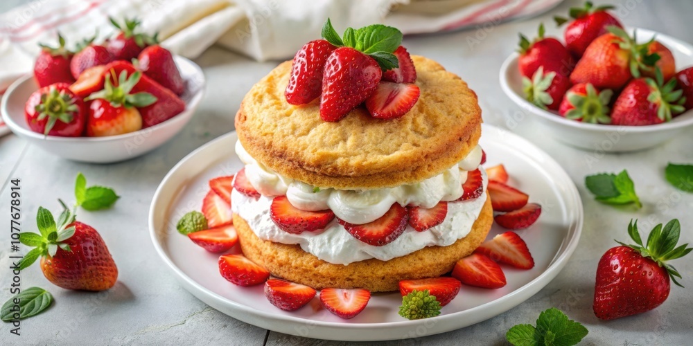 A classic dessert of sponge cake layered with whipped cream and fresh strawberries, garnished with a sprig of mint A classic dessert of sponge cake layered with whipped cream and fresh strawberries, garnished with a sprig of mint