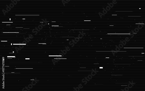 Glitch noise background. Retro video failure. Distorted analog signal. Horizontal white lines on dark backdrop. VHS playback effect. Old broken television. Vector illustration.