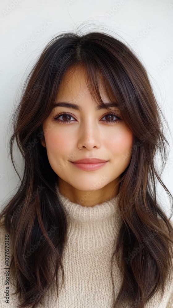 A woman with long, flowing hair smiles softly, wearing a cozy, knitted sweater against a neutral background, This image conveys warmth and approachability, ideal for beauty, fashion A woman with long, flowing hair smiles softly, wearing a cozy, knitted sweater against a neutral background, This image conveys warmth and approachability, ideal for beauty, fashion