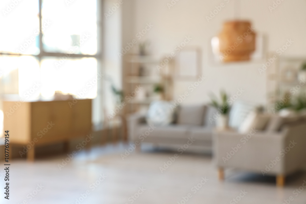 Blurred view of light living room with grey sofas, shelf units and plants Blurred view of light living room with grey sofas, shelf units and plants