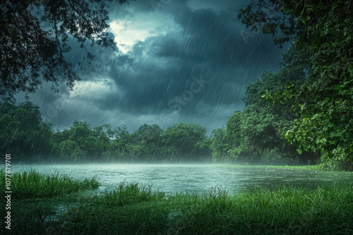 A serene rainy landscape with dark clouds, lush green trees, and a tranquil lake, capturing the essence of a stormy day in nature's embrace.