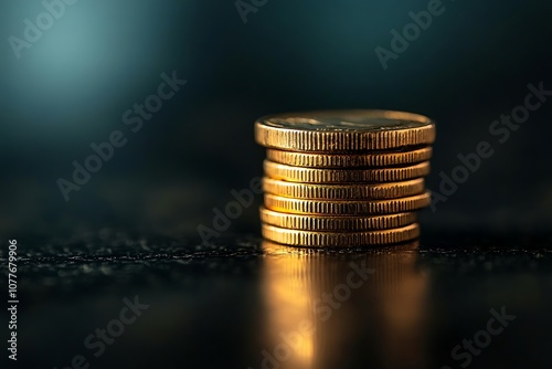 Golden coins stacked on dark textured surface symbolizing wealth and financial stability  photo