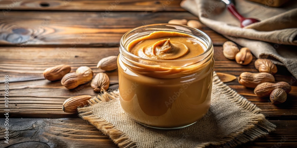 A jar of peanut butter with a swirl on top, surrounded by peanuts and a burlap cloth on a rustic wooden surface. A jar of peanut butter with a swirl on top, surrounded by peanuts and a burlap cloth on a rustic wooden surface.