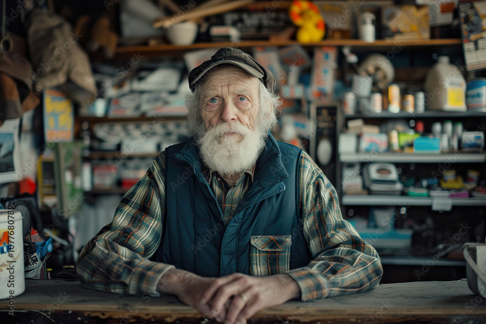 An older man sits at the counter of pawn shop with various items in the background An older man sits at the counter of pawn shop with various items in the background