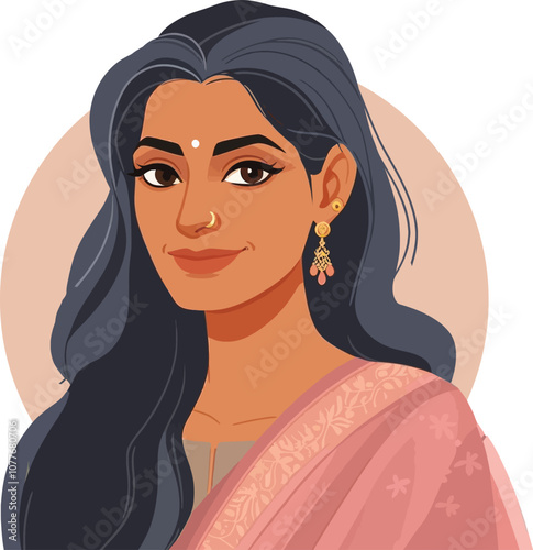 Mature Indian woman portrait flat cartoon vector