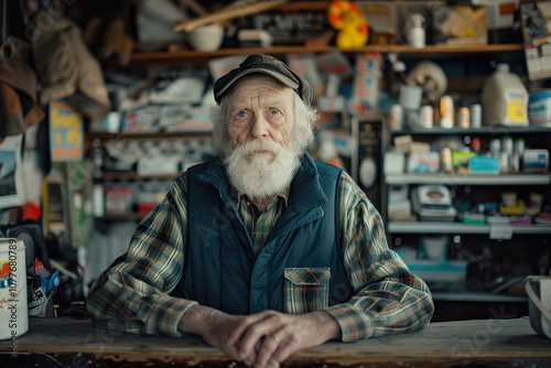 An older man sits at the counter of pawn shop with various items in the background