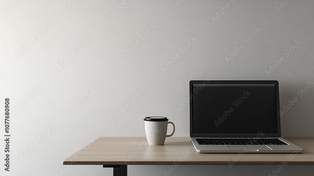 Fototapeta premium Minimalist Laptop and Coffee Workspace on Wooden Desk