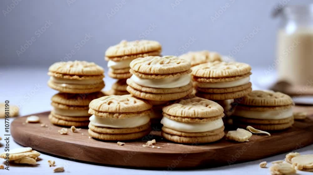 Sandwich vanilla cookies on a wooden tray over a white background