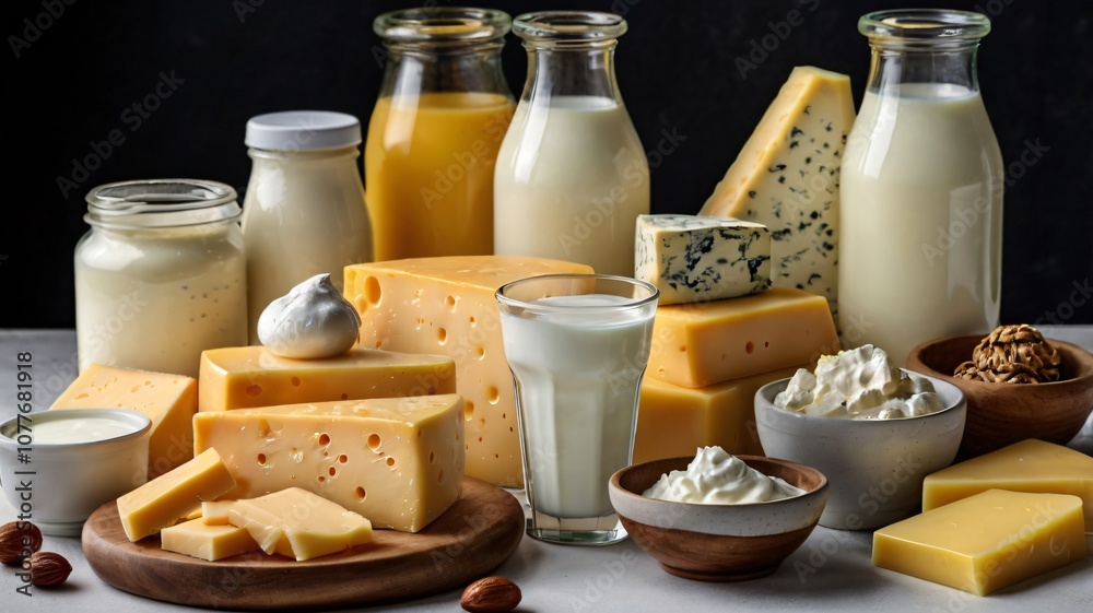 A variety of cheeses and dairy products displayed attractively on a kitchen countertop with natural lighting A variety of cheeses and dairy products displayed attractively on a kitchen countertop with natural lighting