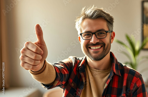 Happy satisfied customer man showing thumbs up, satisfied client