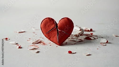 A broken heart rests amidst shattered pieces on a white surface, symbolizing lost love and heartache
