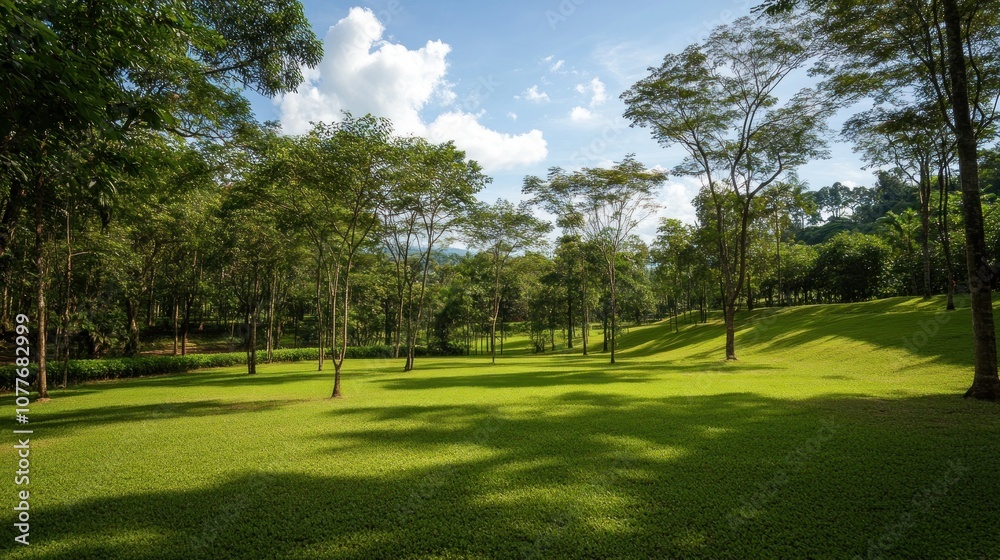 A serene landscape featuring lush green grass and trees under a clear blue sky. A serene landscape featuring lush green grass and trees under a clear blue sky.