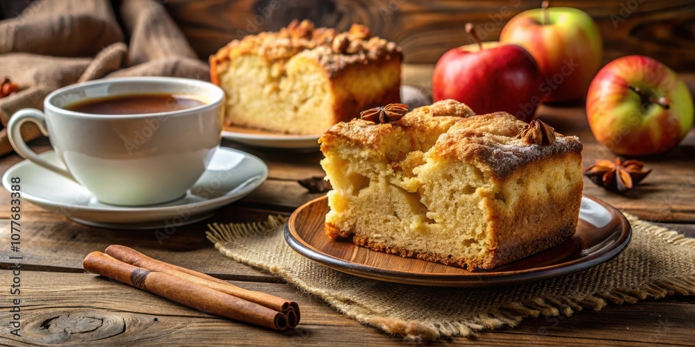A Slice of Apple Cake Served on a Rustic Wooden Table with a Cup of Coffee and Cinnamon Sticks A Slice of Apple Cake Served on a Rustic Wooden Table with a Cup of Coffee and Cinnamon Sticks