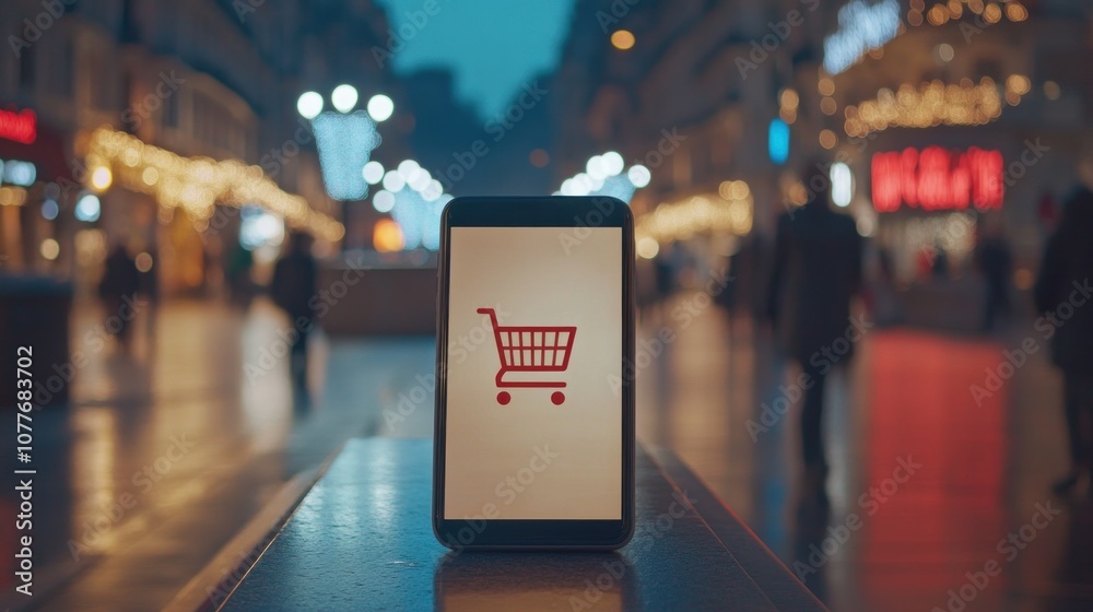 A smartphone displaying a shopping cart icon in a vibrant urban setting. A smartphone displaying a shopping cart icon in a vibrant urban setting.